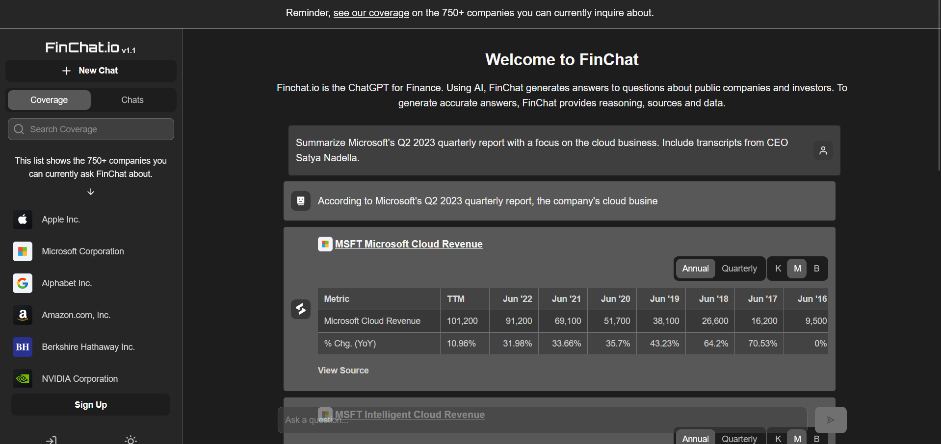   FinChat generates answers to questions about