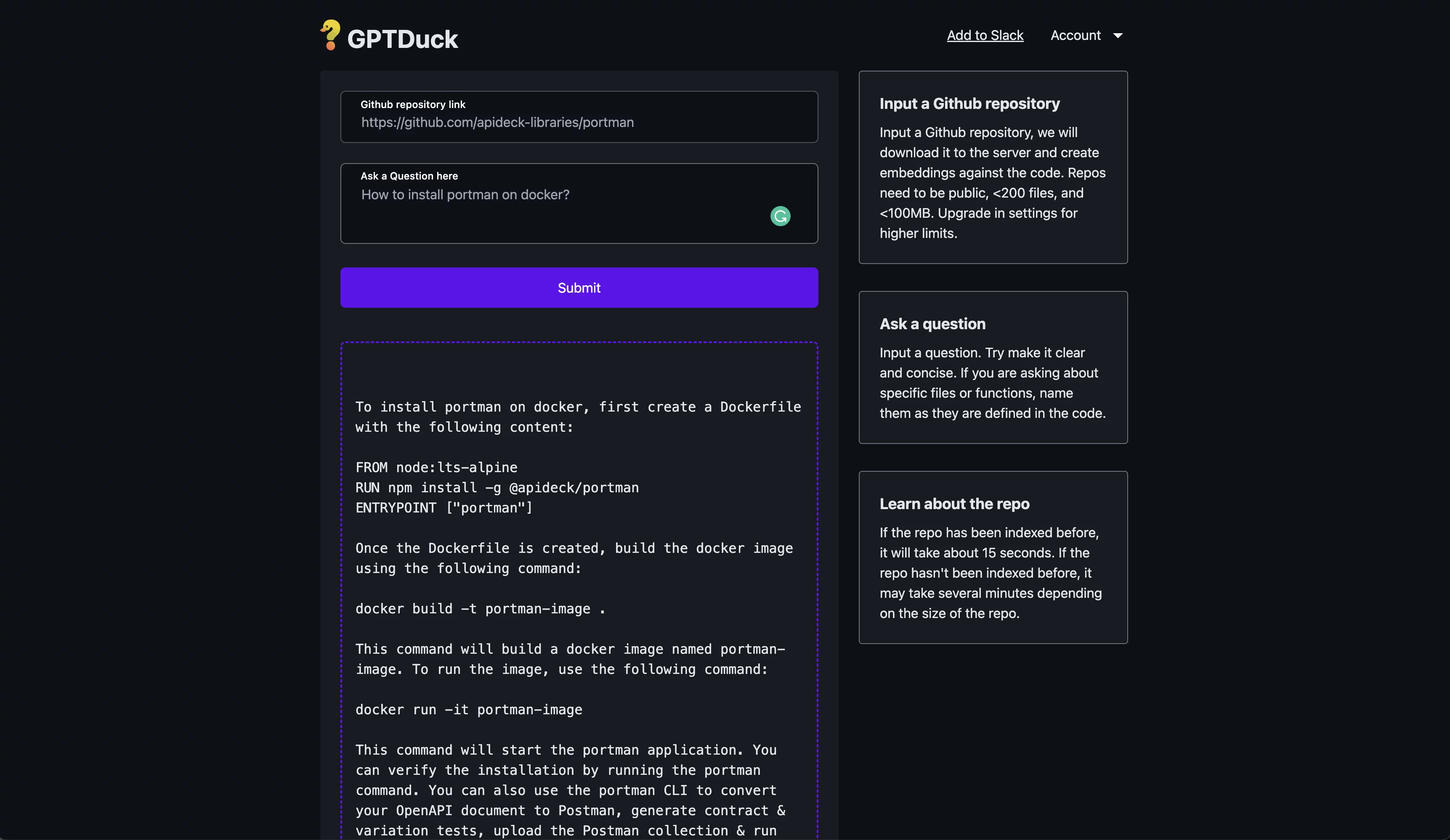  Analyze public repos <200 files, <100MB for Q&A.