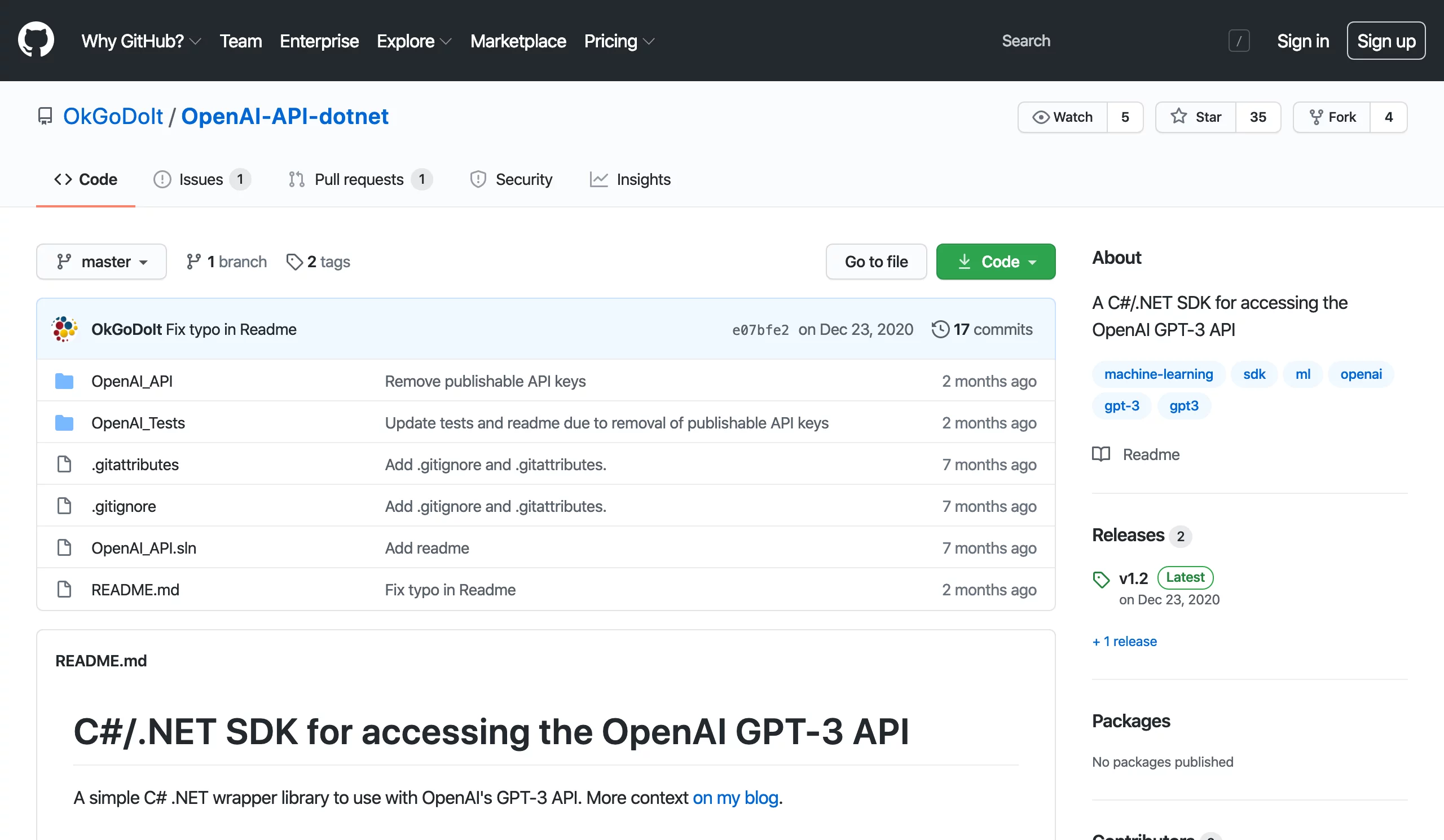  C#/.NET SDK for accessing the OpenAI GPT-3 API