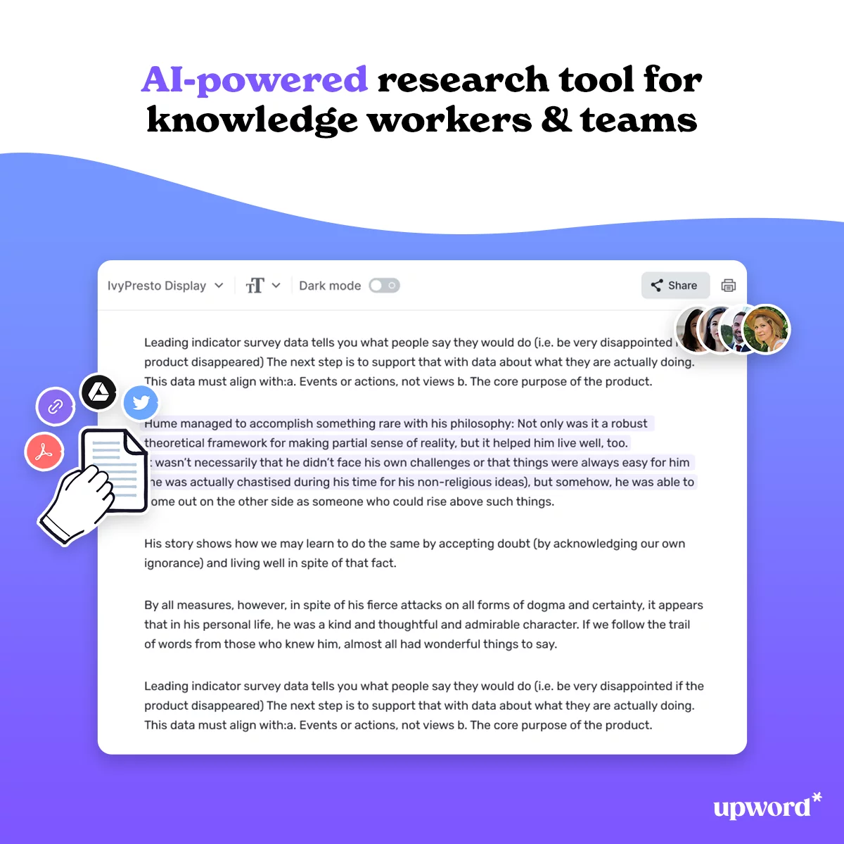  Create summaries faster with Upword's AI tools.