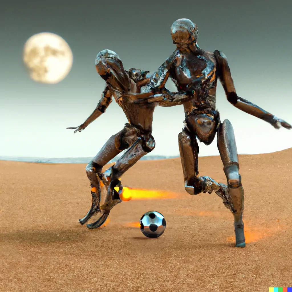  2 Cyborg playing soccer at a desert planet with