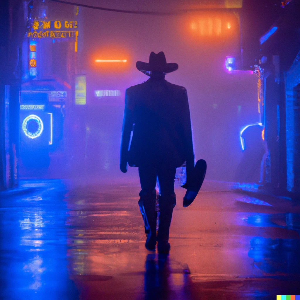  a cowboy gunslinger walking the neon lit streets