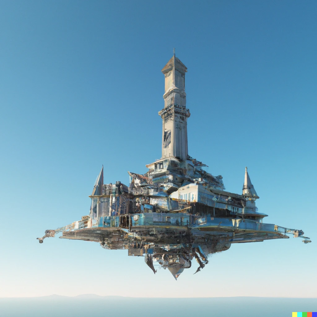  3D render of a floating futuristic castle in a