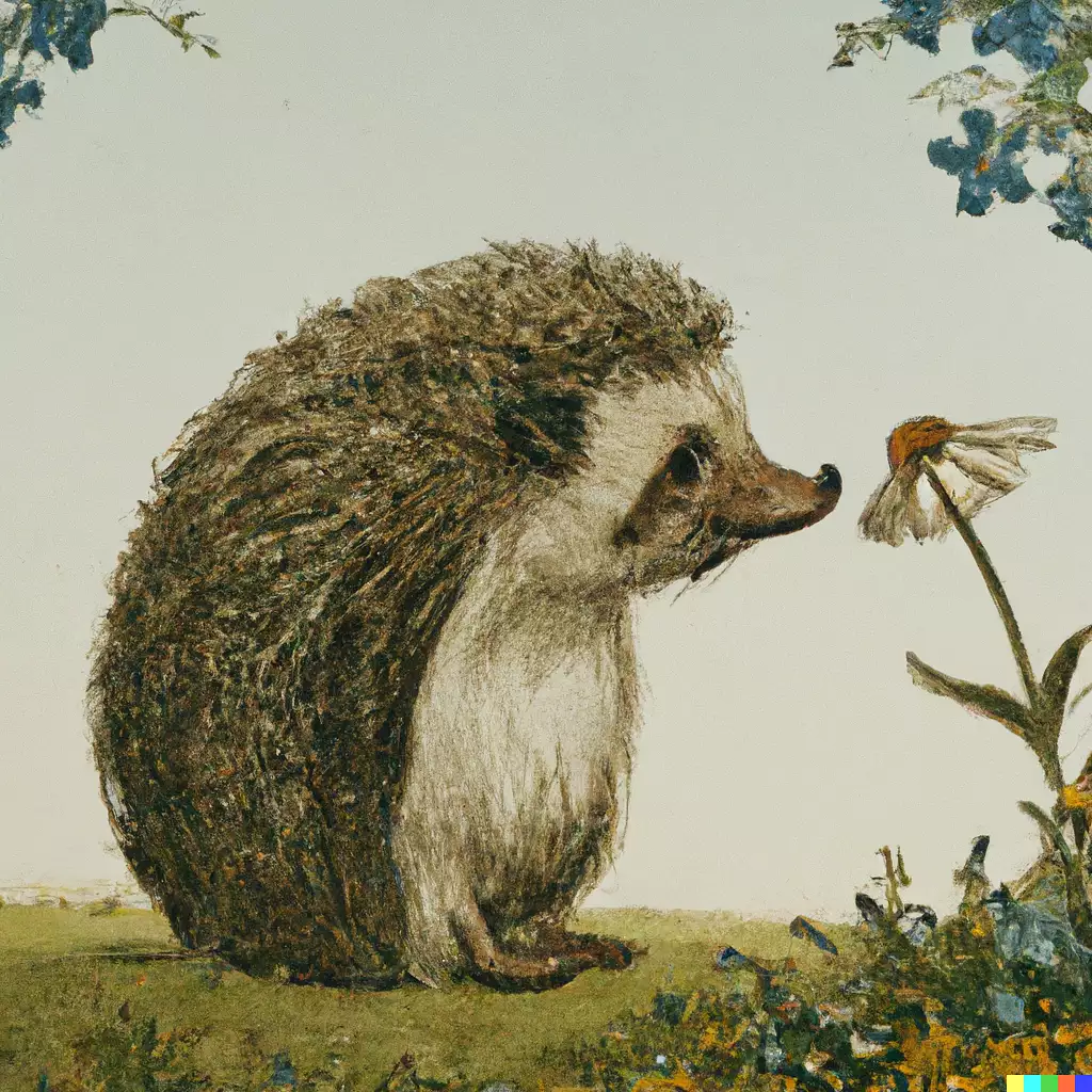  hedgehog smelling a flower | clear blue sky |