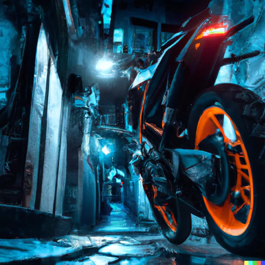  A ktm motorcycle in a narrow cyberpunk street,