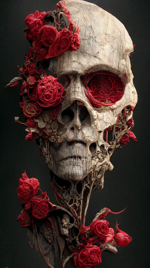  skull made of red roses, organic horror,